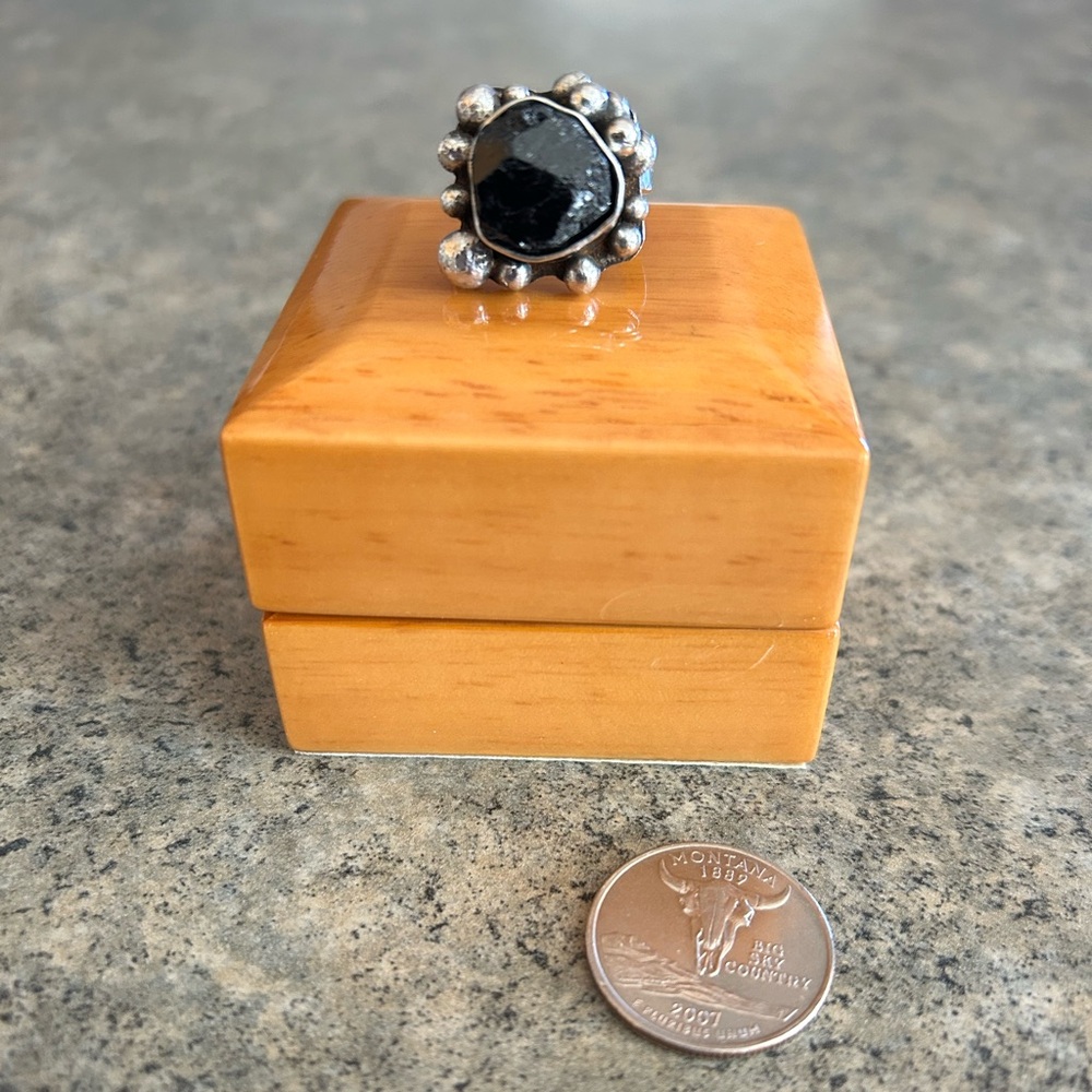 💍 Black Tourmaline Raw Crystal & 925 Sterling Silver Ring, Size 7, Handmade, EUC
